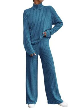 2 Piece Lounge Set Ribbed Knit High Neck Pullover Wide Leg Pants Tracksuit